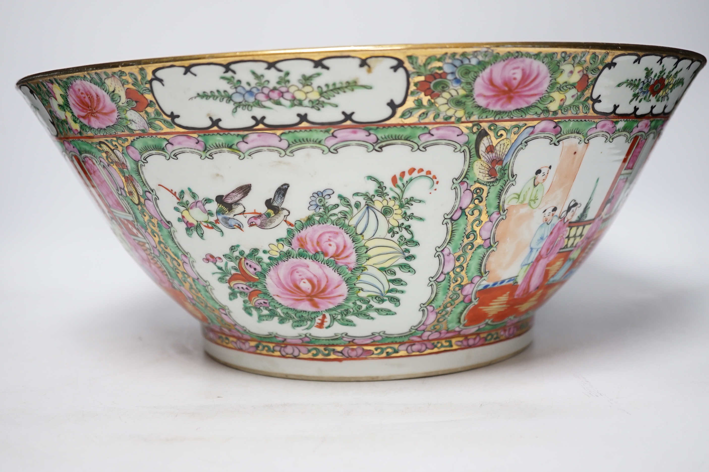 An early 20th century Chinese Canton pattern famille rose bowl, 37cm diameter